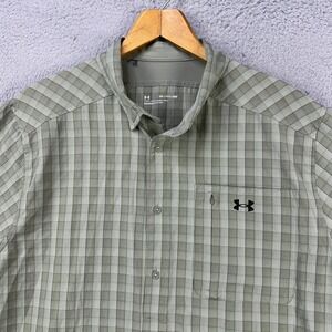 Under Armour Men Fishing Shirt 2XL Green Plaid Button Up Hiking Logo Nylon Blend